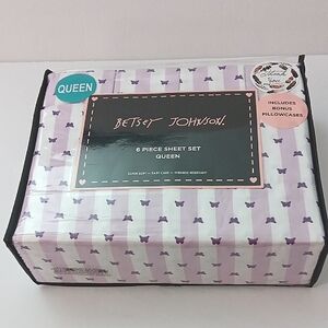 Betsey Johnson White & Purple Striped Butterfly Queen 6 Piece Sheet Set NEW